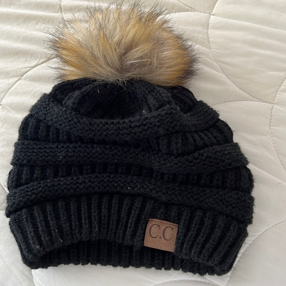 Black and Tan pom pom winter hat
